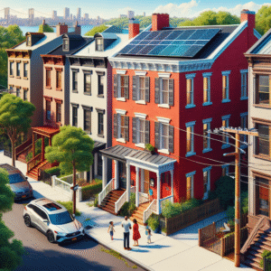 Generate a detailed image showing a typical New York residential neighborhood during a bright summer day. Picture a red brick townhouse with white window trimmings and a flat roof, mounted with sleek, modern solar panels. Neighboring brownstones form a picturesque backdrop, with trees lining the streets, creating a vibrant and realistic scene. Power lines can be seen stretching across the street, connecting houses to the local utility grid. A family, consisting of a Caucasian man, Black woman, and their South Asian daughter, are huddled together, inspecting their energy efficient home. Reflect the uniqueness of the region and emphasize the natural lighting in the composition.