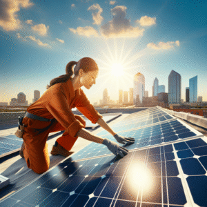 Generate an image featuring a solar installation process on a rooftop. Display a South Asian female solar installer carefully aligning solar panels, ensuring they catch the maximum sunlight. The panels appear clean, sparkling under the bright Texas sun, depicting the concept of renewable energy. The background should encapsulate modern architecture and sunny, clear skies, reflecting the future-oriented and progressive concept of solar energy incentives. No text, logos, or watermarks should be included.