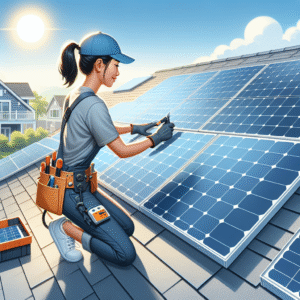 Depict a realistic scene displaying the concept of California Solar Incentives 2026. The picture focuses on an Asian, female solar installer working on rooftop solar panel installations, characterized by a clean aesthetic under bright lighting. Emphasize her professionalism as she handles the installation equipment to adjust the solar panels. The roof on which she works is modern in style, showcasing several clean, gleaming solar panels under the sunny California sky. Make sure there are no text, logos, or watermarks present in the image.