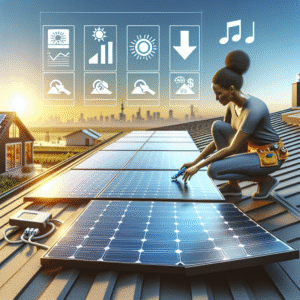 Create a realistic and professional image featuring a solar installer, of Black descent and female, diligently installing rooftop solar panels. Picture this scene under bright, clear skies to signify the full benefit of solar energy. The panels should be displayed as pristine and clean, reflecting the sunlight to signify their high efficiency. Also incorporate elements illustrating the concept of utility rebates, perhaps through graphical symbols like downward-facing arrows on a nearby digital display indicating the decreasing energy costs. The environment around should be modern, perhaps a sleek, flat roof of a contemporary home. Please avoid any inclusion of text, logos or watermarks.