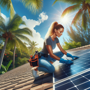Create an image with a realistic, professional look of a Caucasian female solar installer working meticulously on rooftop panels, displaying her expertise. She's in Florida, so envelope the scene in bright tropical light with shadows of lush palm trees lightly brushing the roof. Maintain a clean and modern composition to keep the focus on the scene. The color scheme should be vibrant to represent the region's tropical setting. Please ensure there are no text or logos present.